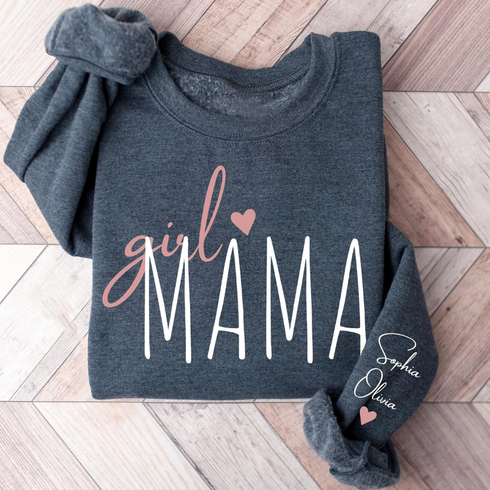 Personalised Girl Mama Sweatshirt, Grandkids names on sleeve.