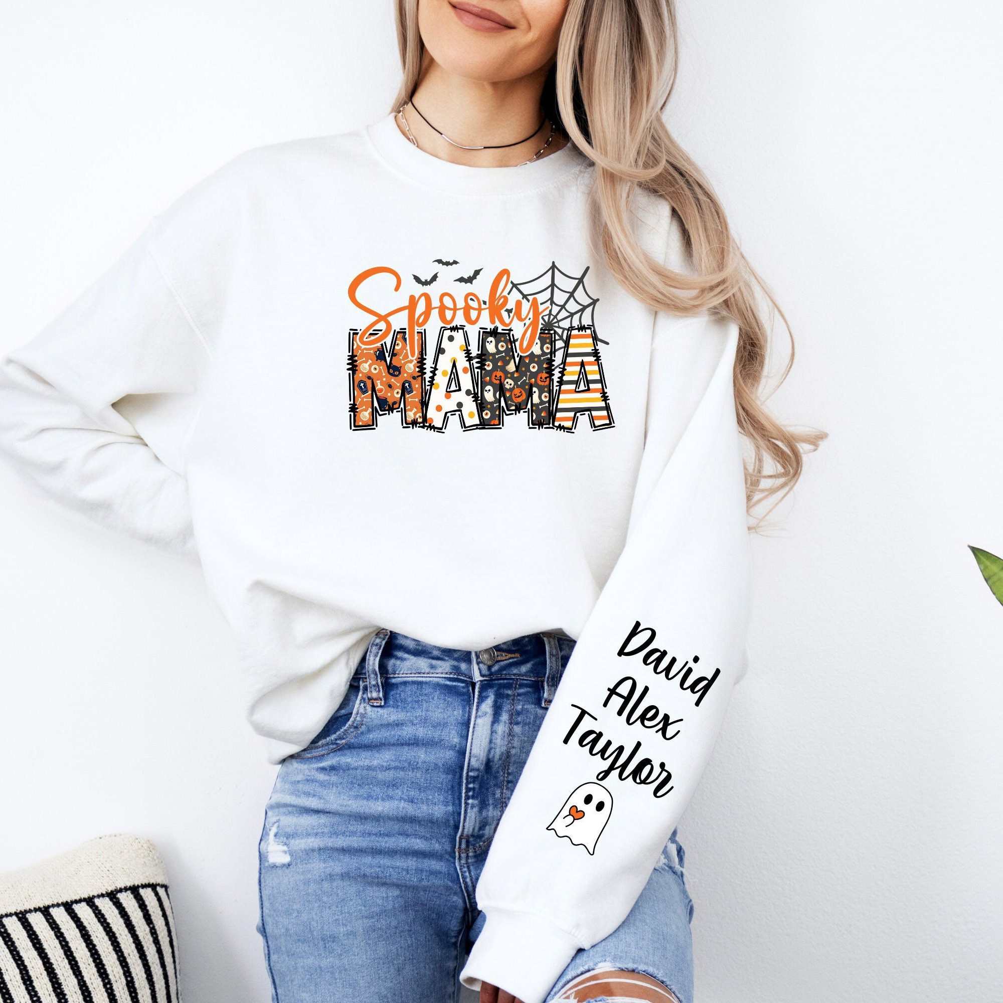 Custom Halloween Spooky Mama Sweatshirt with Kids Name on Sleeve Sweatshirt