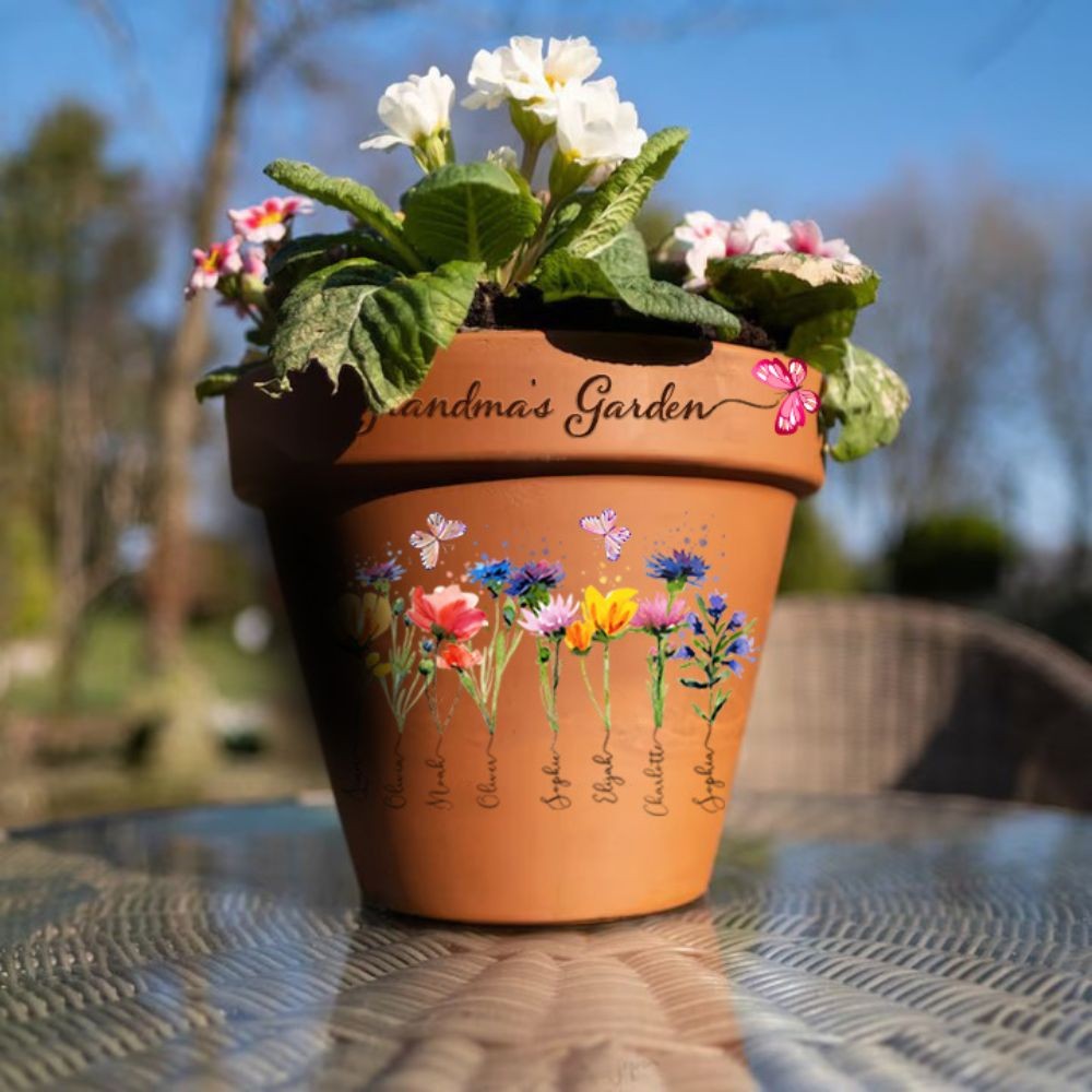 Engraved Flower Personalised Pot With Birth Month Flower and Loved One's Name.