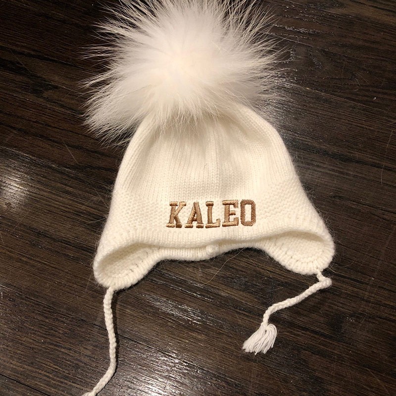  Personalised Embroidered Beanie Monogram Hat with Fur Pom-Pom