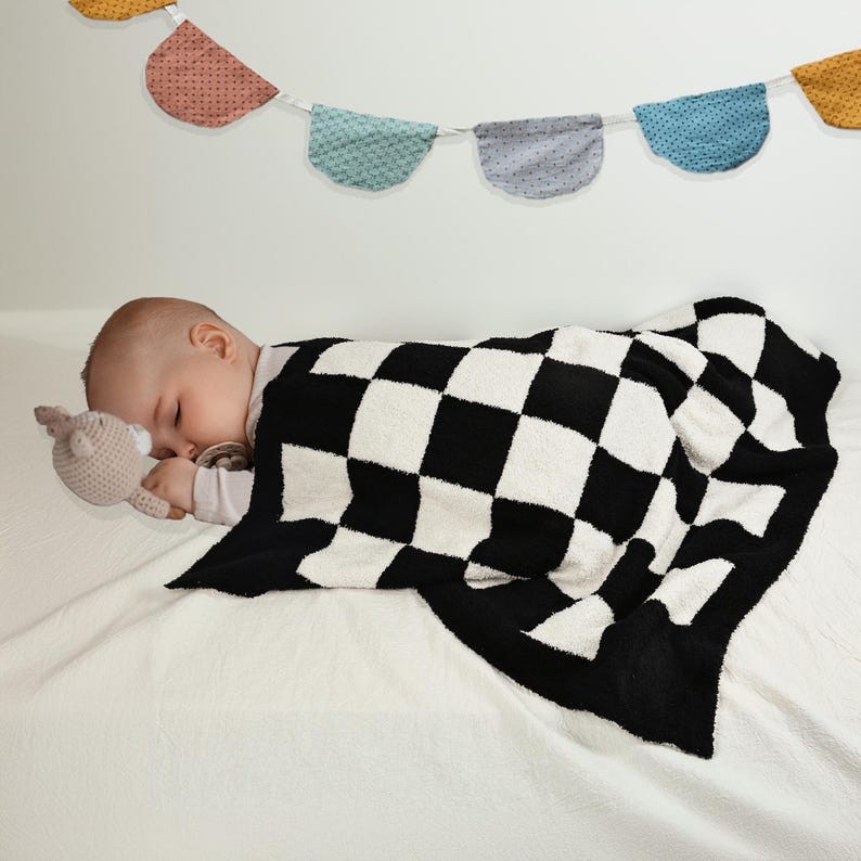 Personalised Leather Patch Baby Checkered Blanket Custom Baby Gift