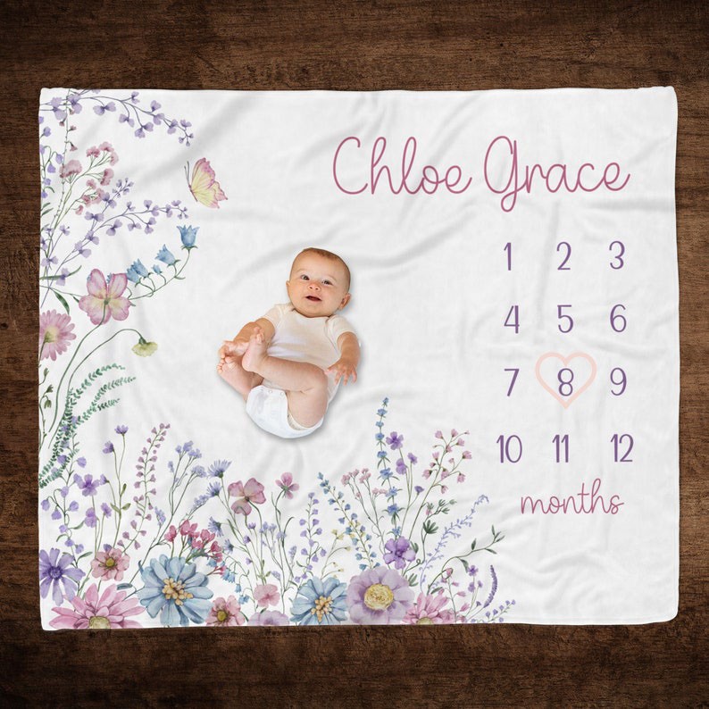 Personalised Wildflower Baby Girl Milestone Blanket Baby Shower Gift