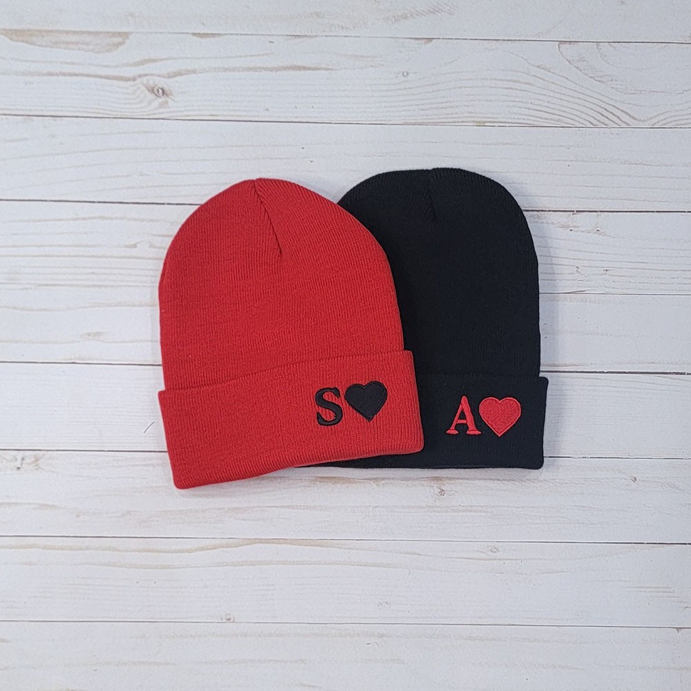 Custom Initial and Heart Embroidery Beanie Matching Beanies for Couples