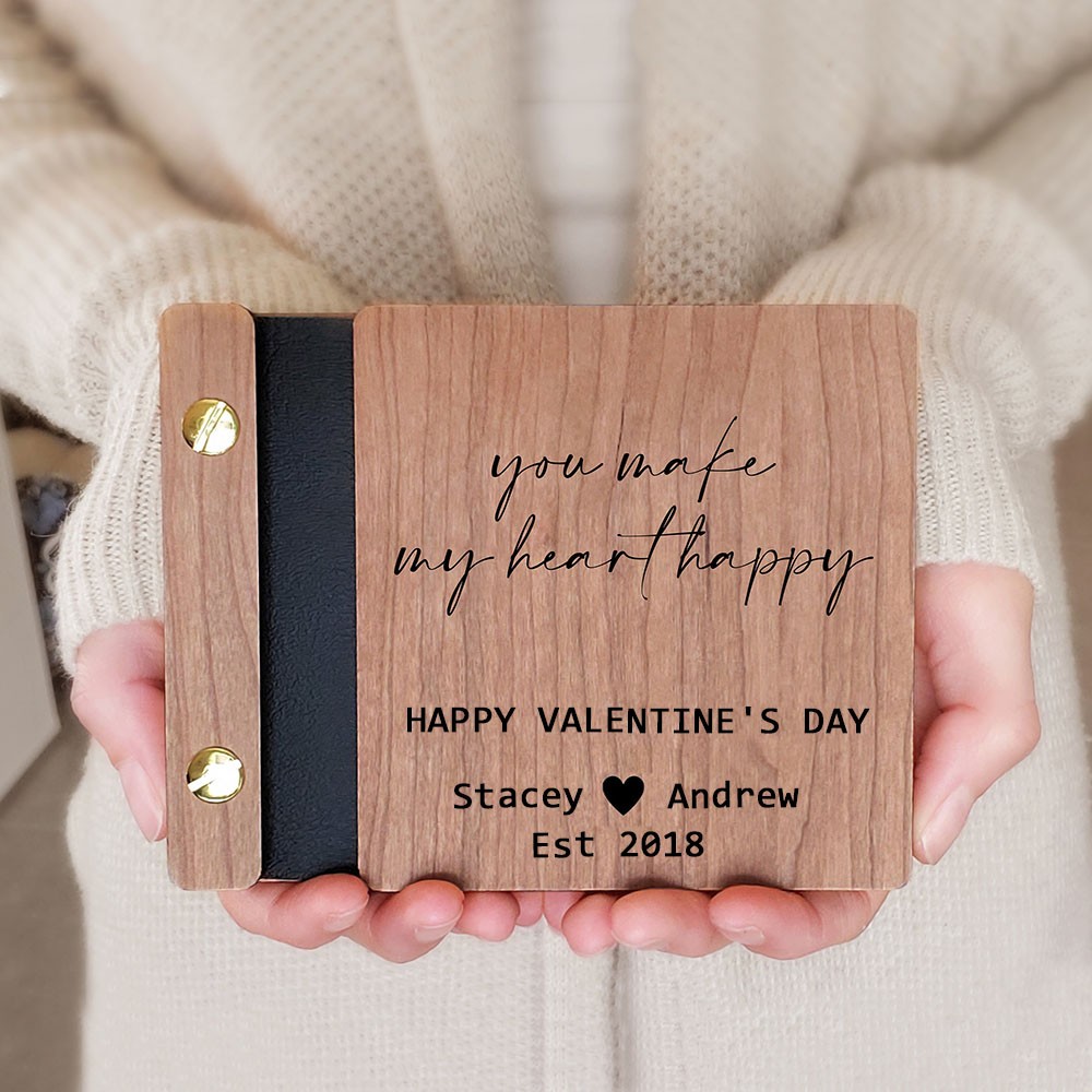 Personalised You Make My Heart Happy Wooden Photo Album Valentine's Day Anniversary Gift