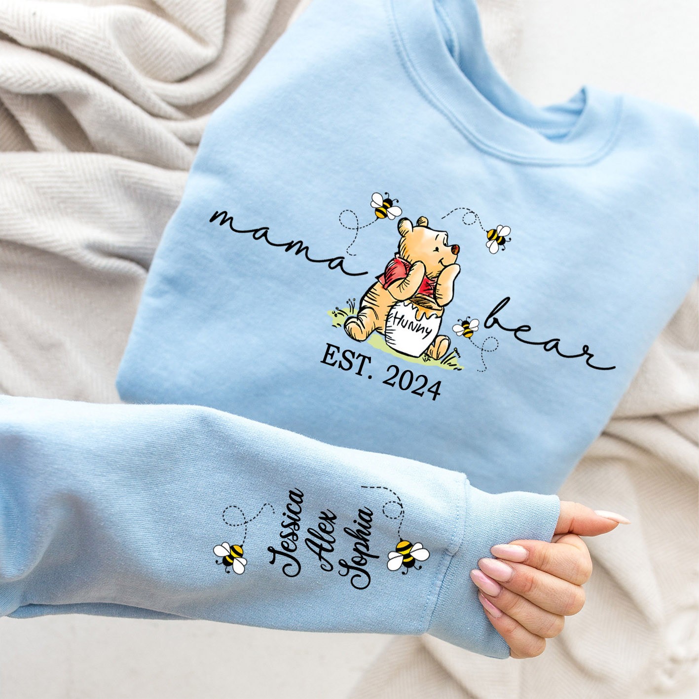 Custom Mama Bear Sweatshirt Mama Est with Kid Name on Sleeve Sweatshirt