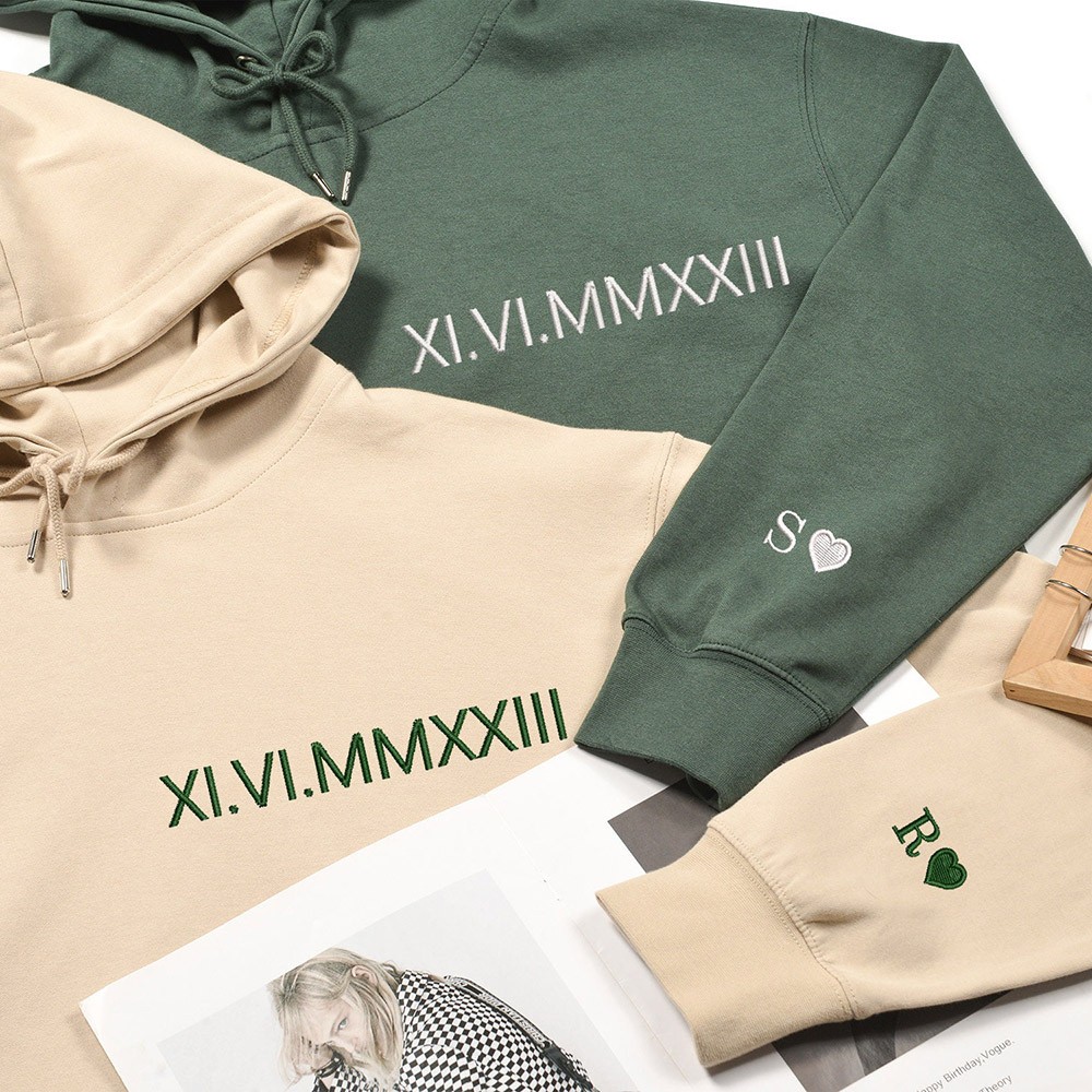 Custom Embroidered Couples Roman Numeral Hoodie Anniversary Valentines Day Gift
