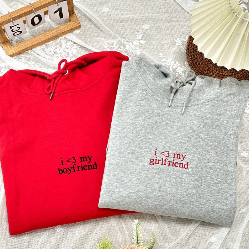 Custom Embroidered i love my girlfriend Couple Matching Hoodies Valentine's Day Gift