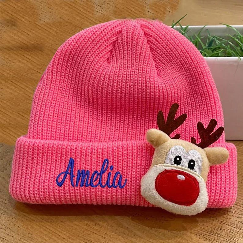 Christmas Reindeer Kids Beanie Personalised Name On Christmas Beanie Hat