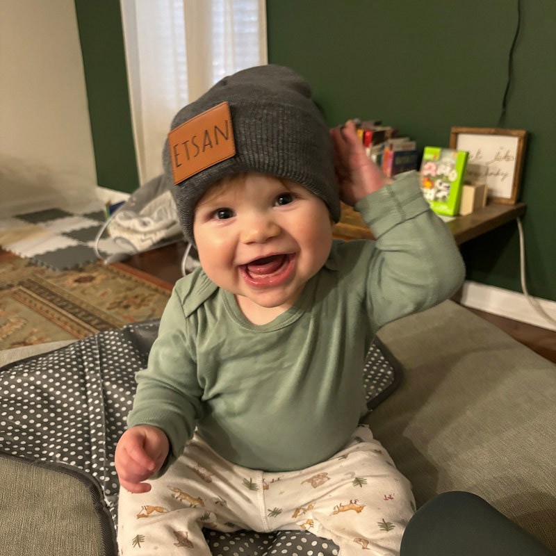 Custom Beanie for Kids Leather Patch Beanies Personalised Gift for Kids Christmas Gifts