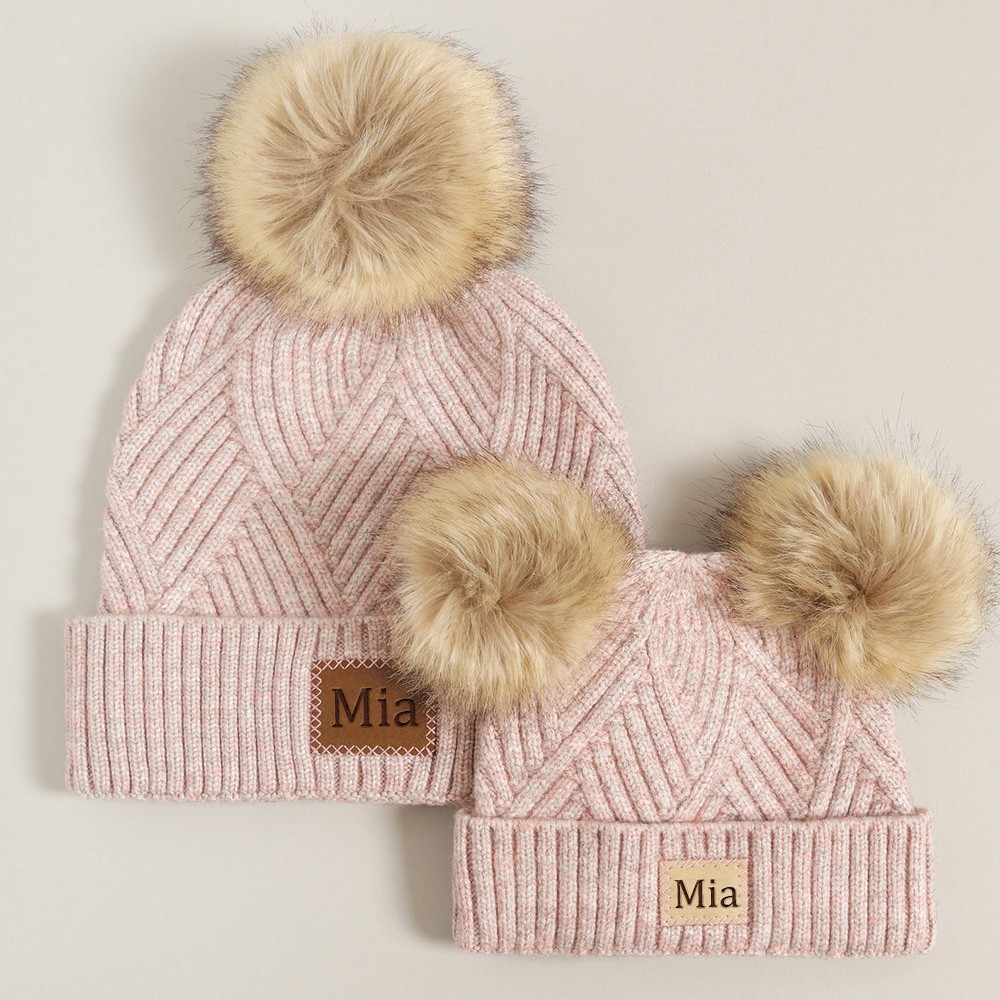 Custom Mommy and Me Matching Pom Pom Beanie Baby Beanie Hat Faux Fur 