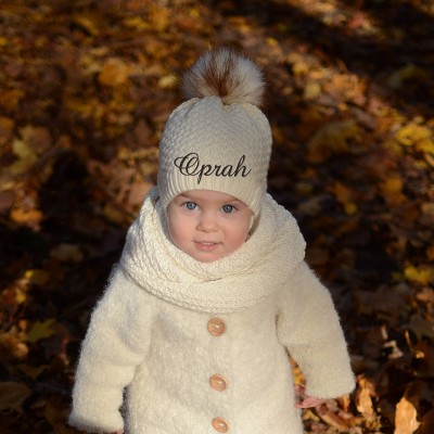 Personalised White Fur Pom Pom Hat Merino Wool Baby Girl Hat