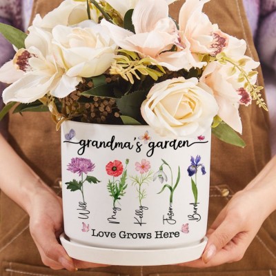 Personalised Birth Month Flower Pots with Grandkids Names, Mother's Day Gift