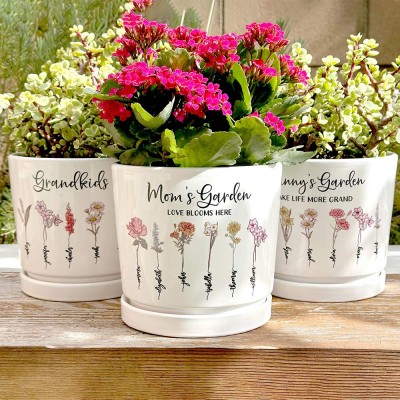 Personalised Birth Month Flower Pots with Grandkids Names, Mother's Day Gift