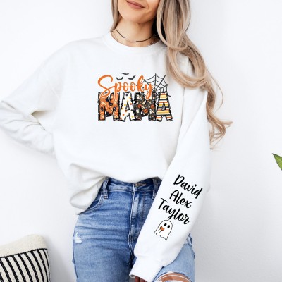 Custom Halloween Spooky Mama Sweatshirt with Kids Name on Sleeve Sweatshirt