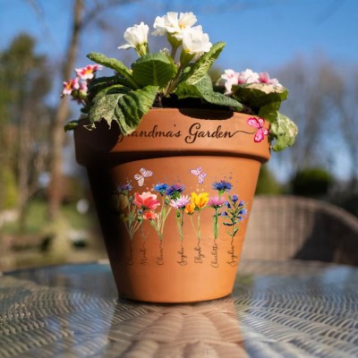 Engraved Flower Personalised Pot With Birth Month Flower and Loved One's Name.