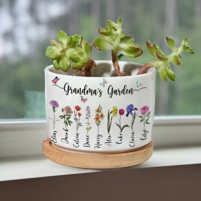 Engraved Flower Personalised Pot With Birth Month Flower and Loved One's Name.