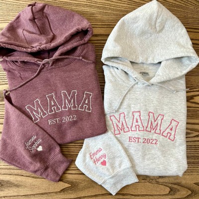 Custom Embroidered Mama Hoodie with Names on Sleeve Mama Est Year Shirt 