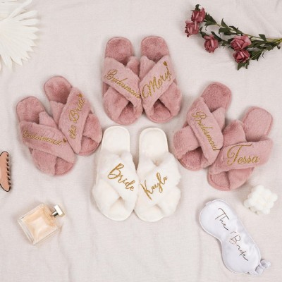 Personalised Mrs Fluffy Slippers Bridal Fluffy Cross Slippers Gift