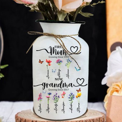 Personalised Birth Month Flower Vase with Grandkids Names, Mother's Day Gift.