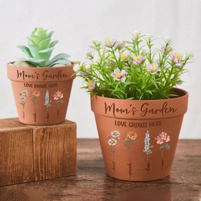 Engraved Flower Personalised Pot With Birth Month Flower and Loved One's Name.