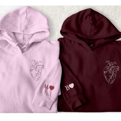 Personalised Embroidered Couple Matching Heart Hoodie Anniversary Gift For Lover