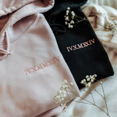 Customised Embroidered Couple Hoodie Roman Numerals Hoodie Valentines Day Gift
