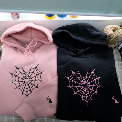 Custom Embroidered Initial Heart Crewneck Spider Web Couples Matching Hoodie