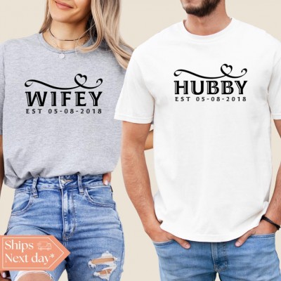 Personalised Hubby Wifey Matching Couple Shirt Valentine's Day Gift