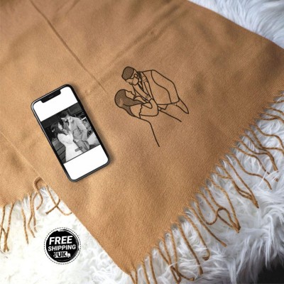Personalised Embroidered Outline Portrait Scarf Valentines Day Anniversary Gift