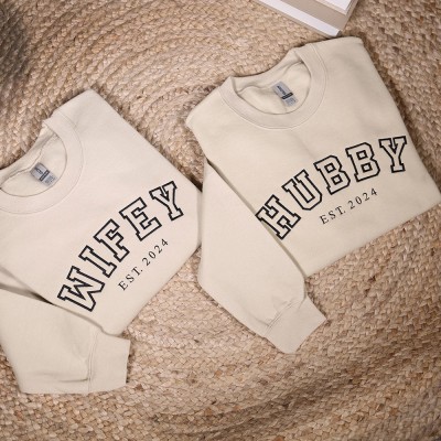 Personalised Embroidered Wifey and Hubby Matching Couples Hoodies Tees