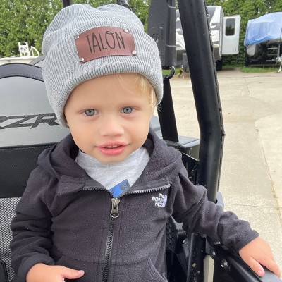 Custom Baby Beanie Toddler Winter Hat Name Hat Engraved Leather Patch Beanie