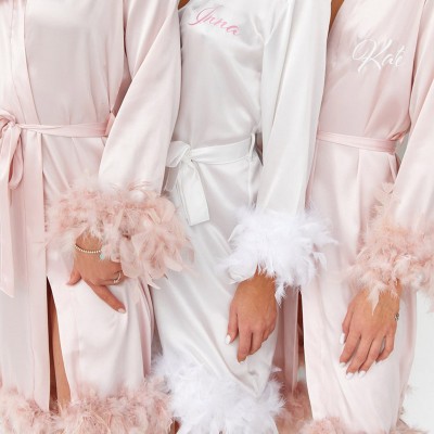Personalised Bridesmaid Satin Robe with Feather Bachelorette Party Robes
