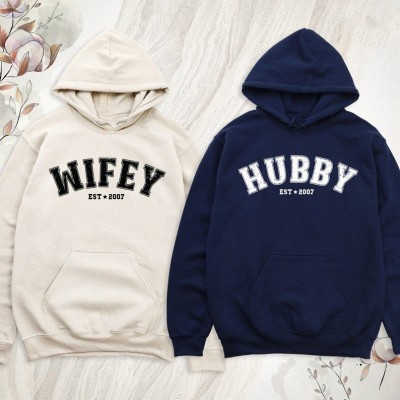 Personalised Wifey and Hubby Matching Couples Hoodies Tees Valentine's Day Gift