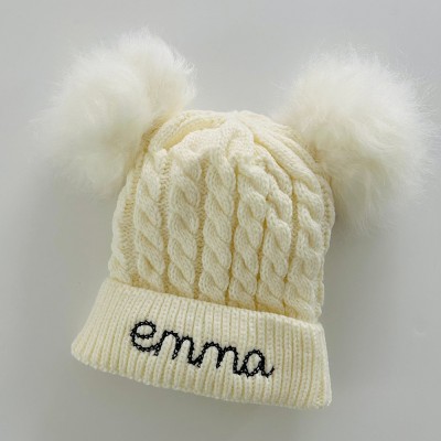 Personalised Embroidered Baby or Toddler Cable Knit Pom Hat