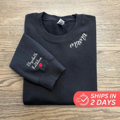 Custom Mama Shirt With Kids Names Heart On Sleeve