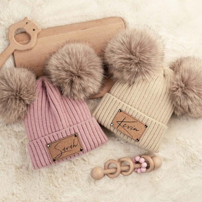 Custom Newborn Baby Pom Beanie Hat with Name