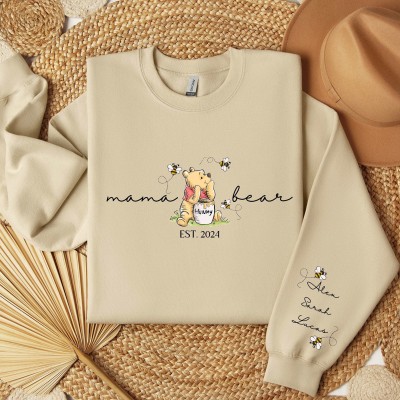 Custom Mama Bear Sweatshirt Mama Est with Kid Name on Sleeve Sweatshirt