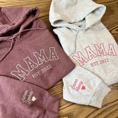 Custom Embroidered Mama Hoodie with Names on Sleeve Mama Est Year Shirt 