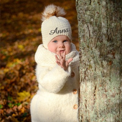 Personalised White Fur Pom Pom Hat Merino Wool Baby Girl Hat