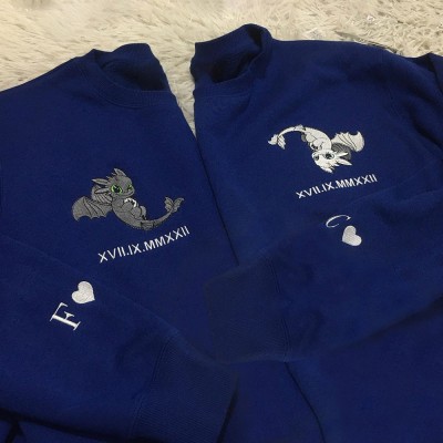 Custom Embroidered Light Fury Night Fury Roman Numeral Couple Sweatshirts