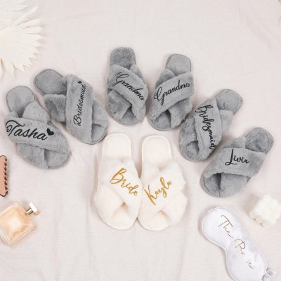 Personalised Mrs Fluffy Slippers Bridal Fluffy Cross Slippers Gift