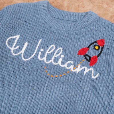 Personalised Baby Sweater Hand Embroidered Baby Name Sweater with Rocket