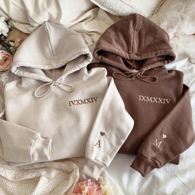 Customised Embroidered Couple Hoodie Roman Numerals Hoodie Valentines Day Gift