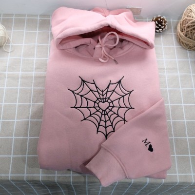Custom Embroidered Initial Heart Crewneck Spider Web Couples Matching Hoodie
