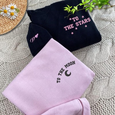 Personalised Embroidered CouplesThe Moon Stars Matching Hoodie Anniversary Gift