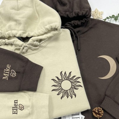 Personalised Embroidered Sun and Moon Matching Couple Hoodie Anniversary Gift