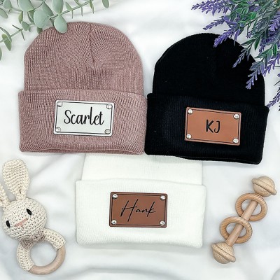 Custom Newborn Beanie with Name Leather Patch Beanies for Baby