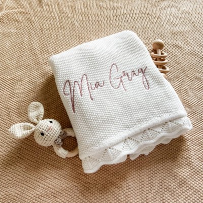 Personalised Knitted Baby Blanket with Embroidered Name