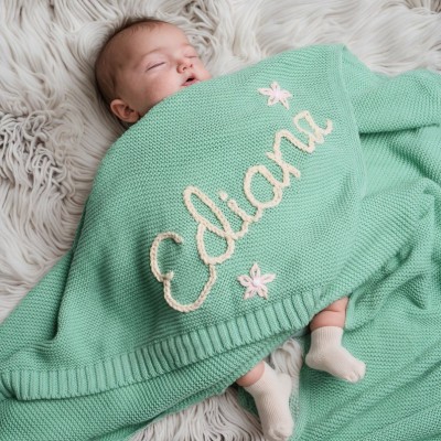 Personalised Knitted Baby Blanket with Name Stroller Blanket Soft Breathable