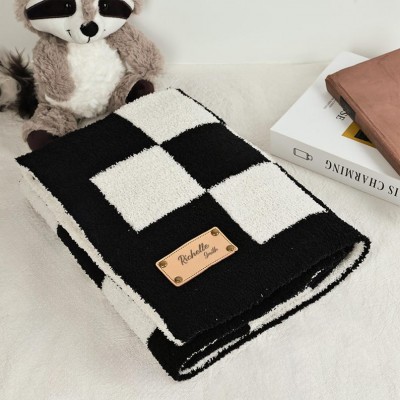 Personalised Leather Patch Baby Checkered Blanket Custom Baby Gift